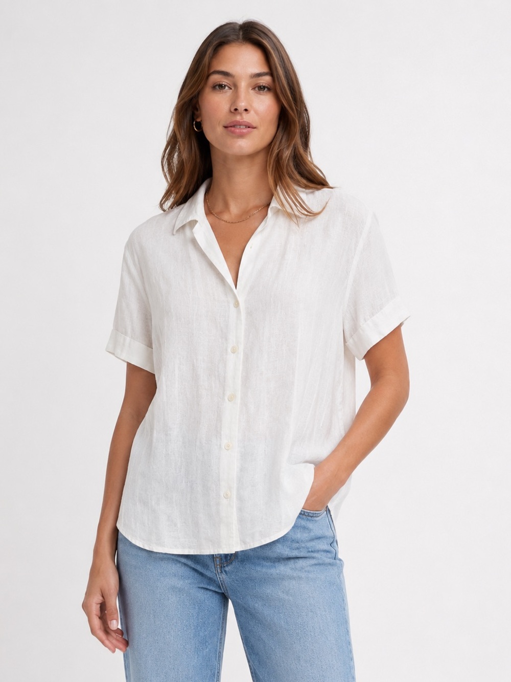 Tabi 100% Linen White Button-Up Shirt Medium Short Sleeve Lightweight Summer Top
